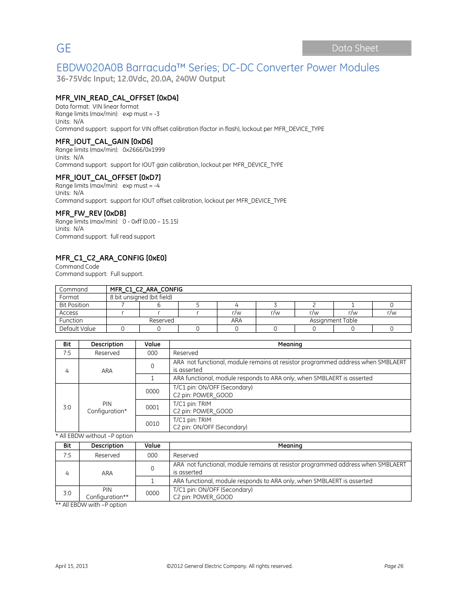 Data sheet | GE Industrial Solutions EBDW020A0B Barracuda Series User Manual | Page 26 / 32