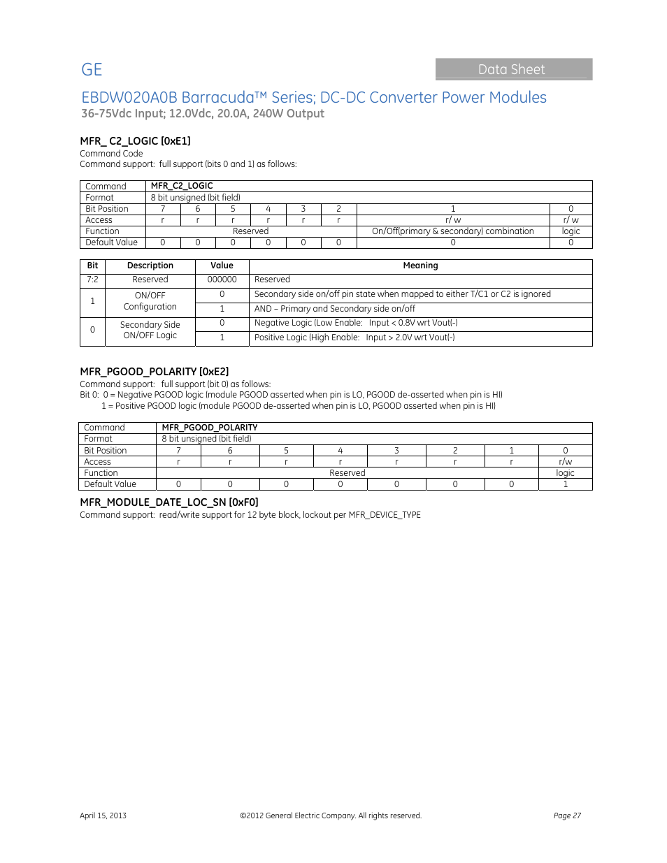 Data sheet | GE Industrial Solutions EBDW020A0B Barracuda Series User Manual | Page 27 / 32