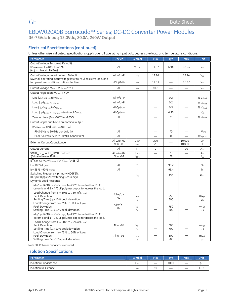 Data sheet, Electrical specifications (continued), Isolation specifications | GE Industrial Solutions EBDW020A0B Barracuda Series User Manual | Page 3 / 32