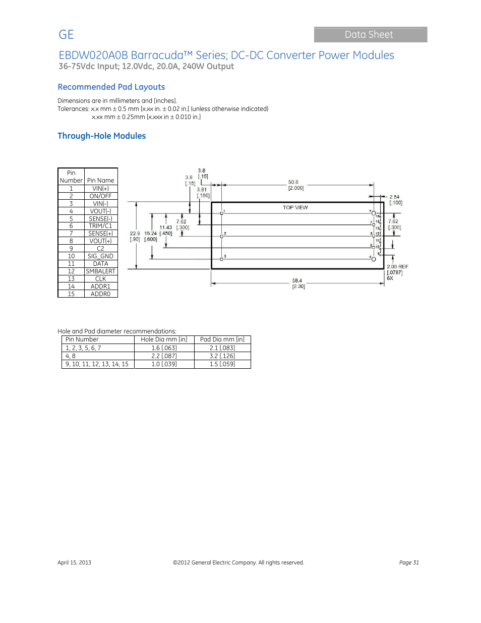 Data sheet | GE Industrial Solutions EBDW020A0B Barracuda Series User Manual | Page 31 / 32