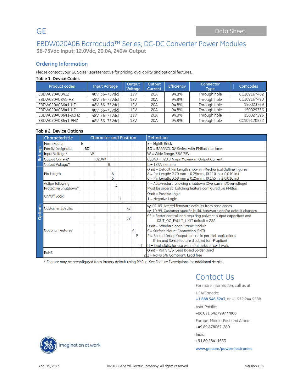 Contact us, Data sheet | GE Industrial Solutions EBDW020A0B Barracuda Series User Manual | Page 32 / 32