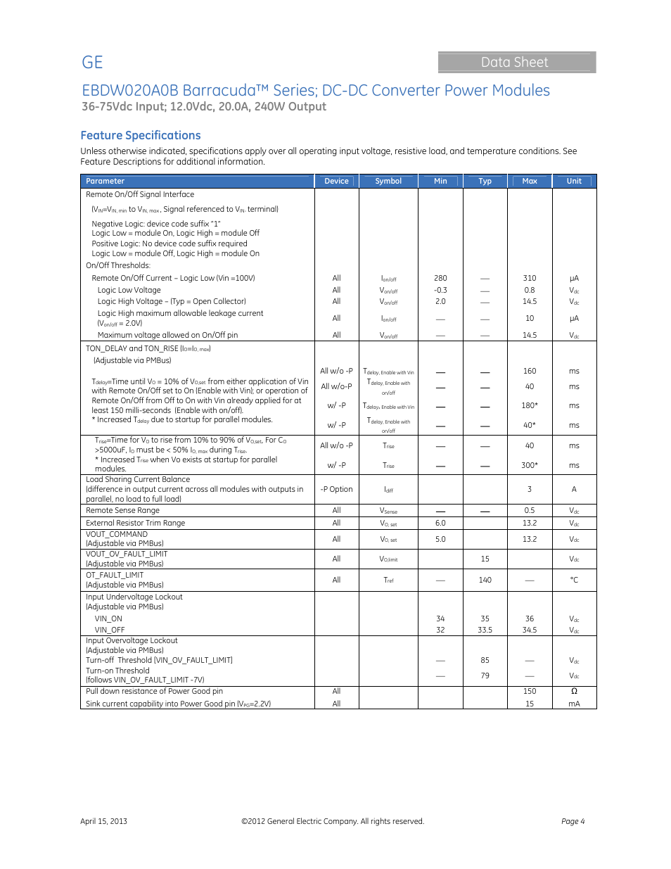 Data sheet, Feature specifications | GE Industrial Solutions EBDW020A0B Barracuda Series User Manual | Page 4 / 32
