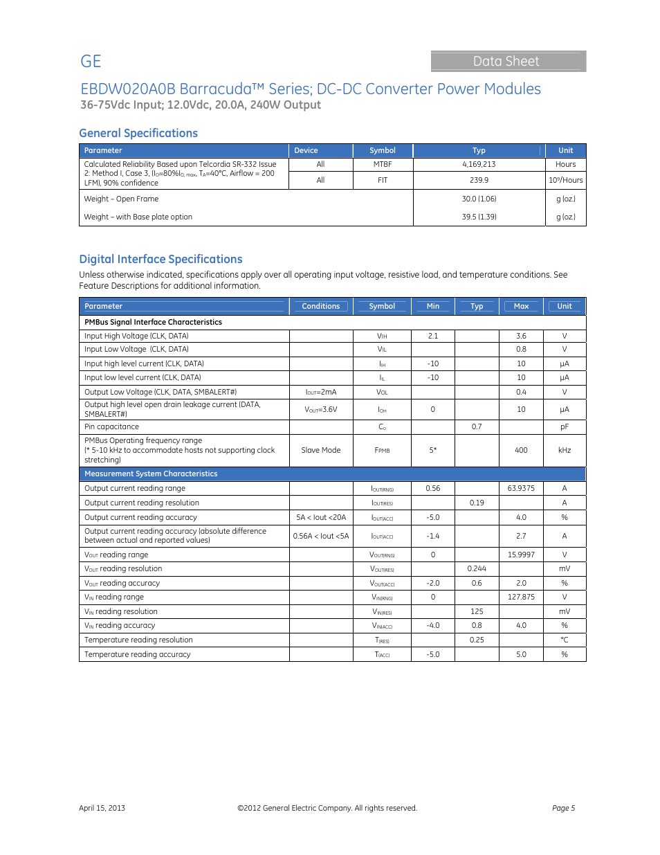 Data sheet | GE Industrial Solutions EBDW020A0B Barracuda Series User Manual | Page 5 / 32