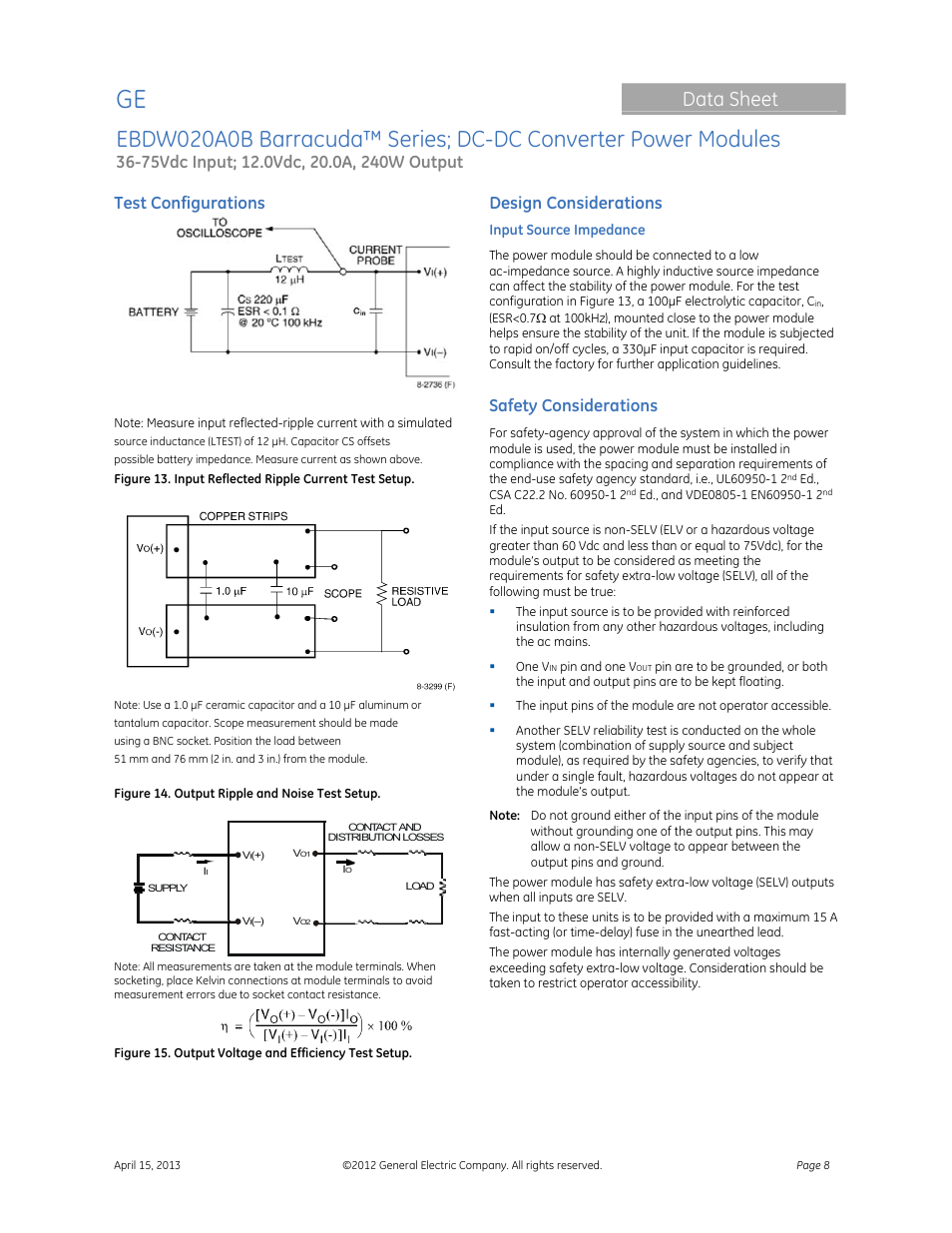 Data sheet, Test configurations, Design considerations | Safety considerations | GE Industrial Solutions EBDW020A0B Barracuda Series User Manual | Page 8 / 32