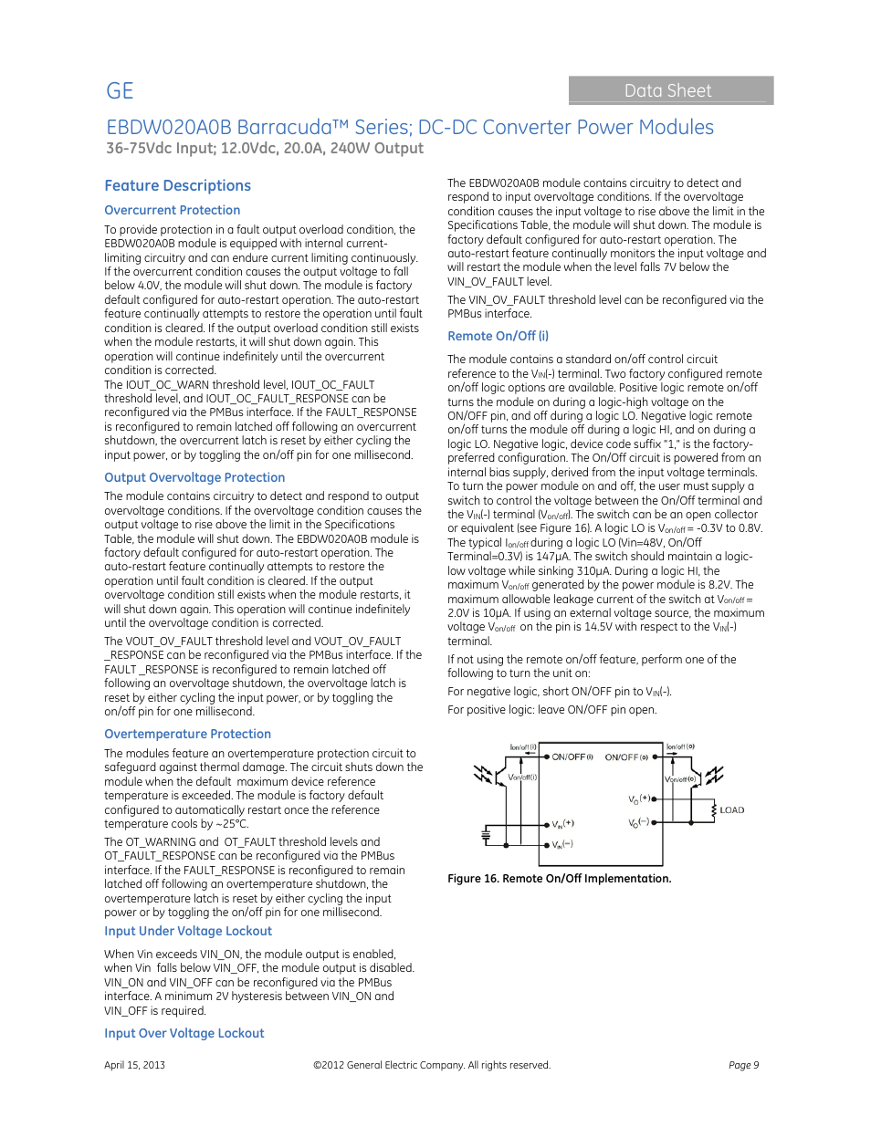 Data sheet, Feature descriptions | GE Industrial Solutions EBDW020A0B Barracuda Series User Manual | Page 9 / 32