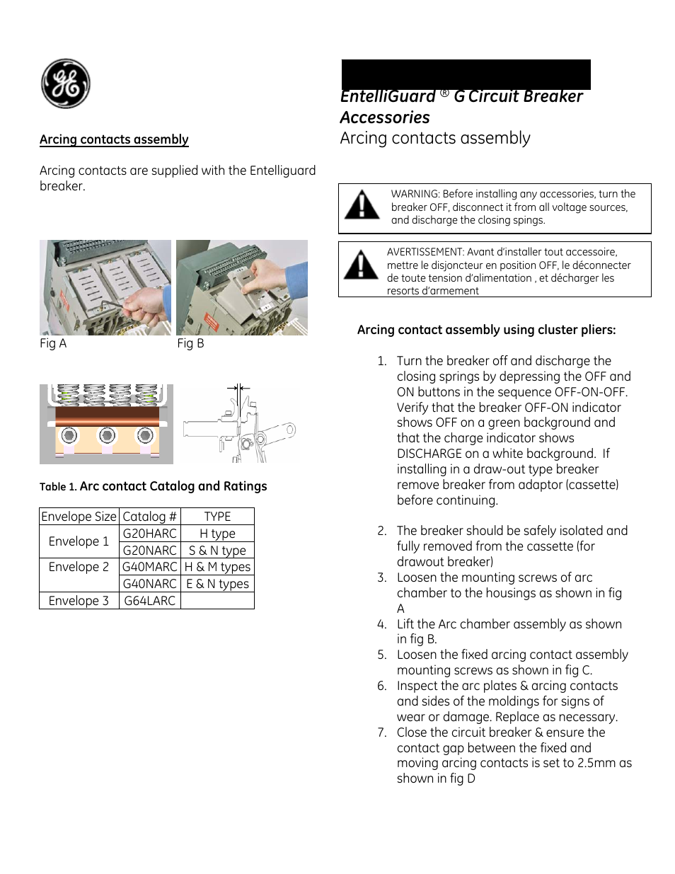 GE Industrial Solutions EntelliGuard G Arcing contacts assembly User Manual | 2 pages