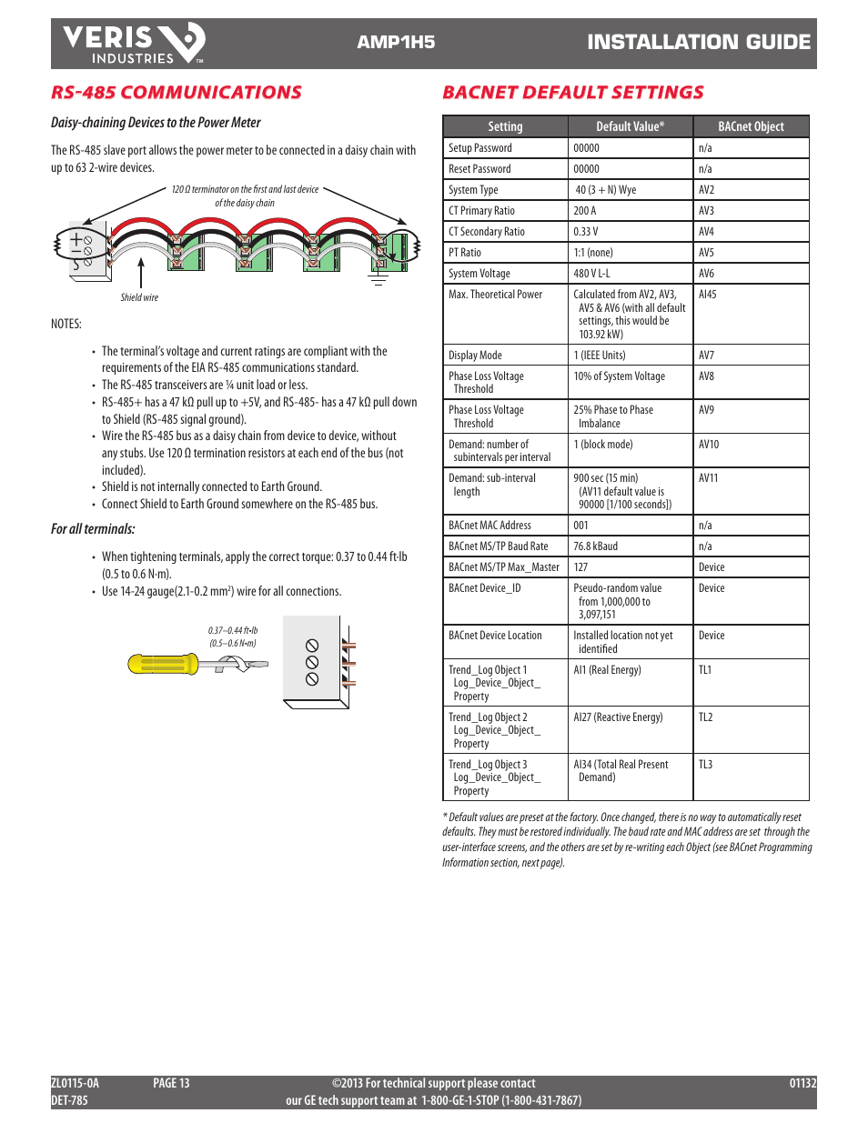 Installation guide, Rs-485 communications, Bacnet default settings | Amp1h5 | GE Industrial Solutions AMP1H5 User Manual | Page 13 / 24