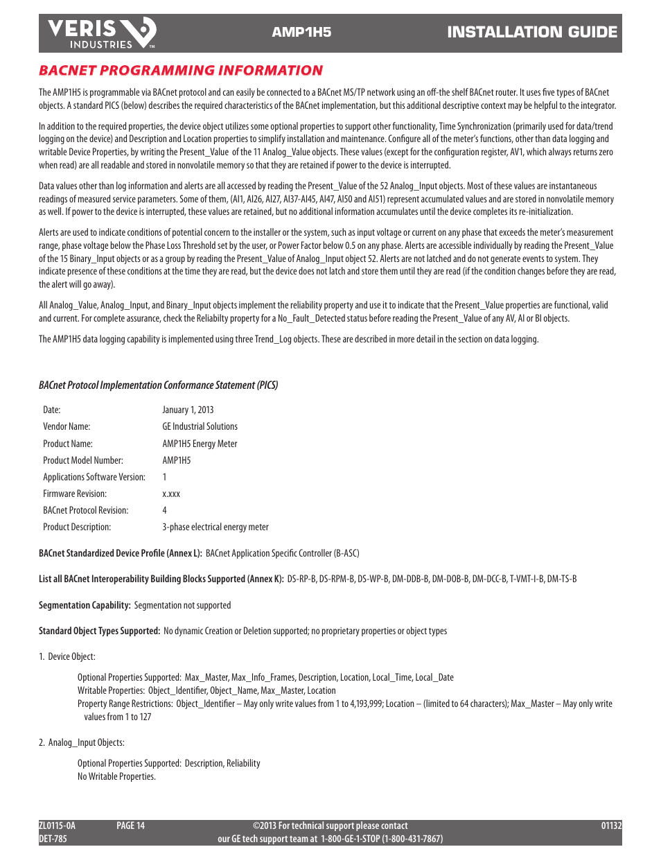 Installation guide, Bacnet programming information | GE Industrial Solutions AMP1H5 User Manual | Page 14 / 24