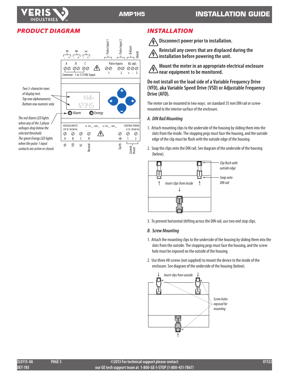 Installation guide, Installation, Product diagram | Amp1h5, A. din rail mounting, B. screw mounting | GE Industrial Solutions AMP1H5 User Manual | Page 3 / 24