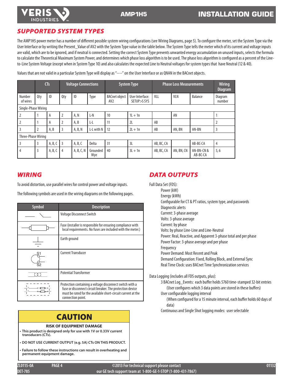 Caution, Installation guide, Wiring | Supported system types, Data outputs, Amp1h5 | GE Industrial Solutions AMP1H5 User Manual | Page 4 / 24