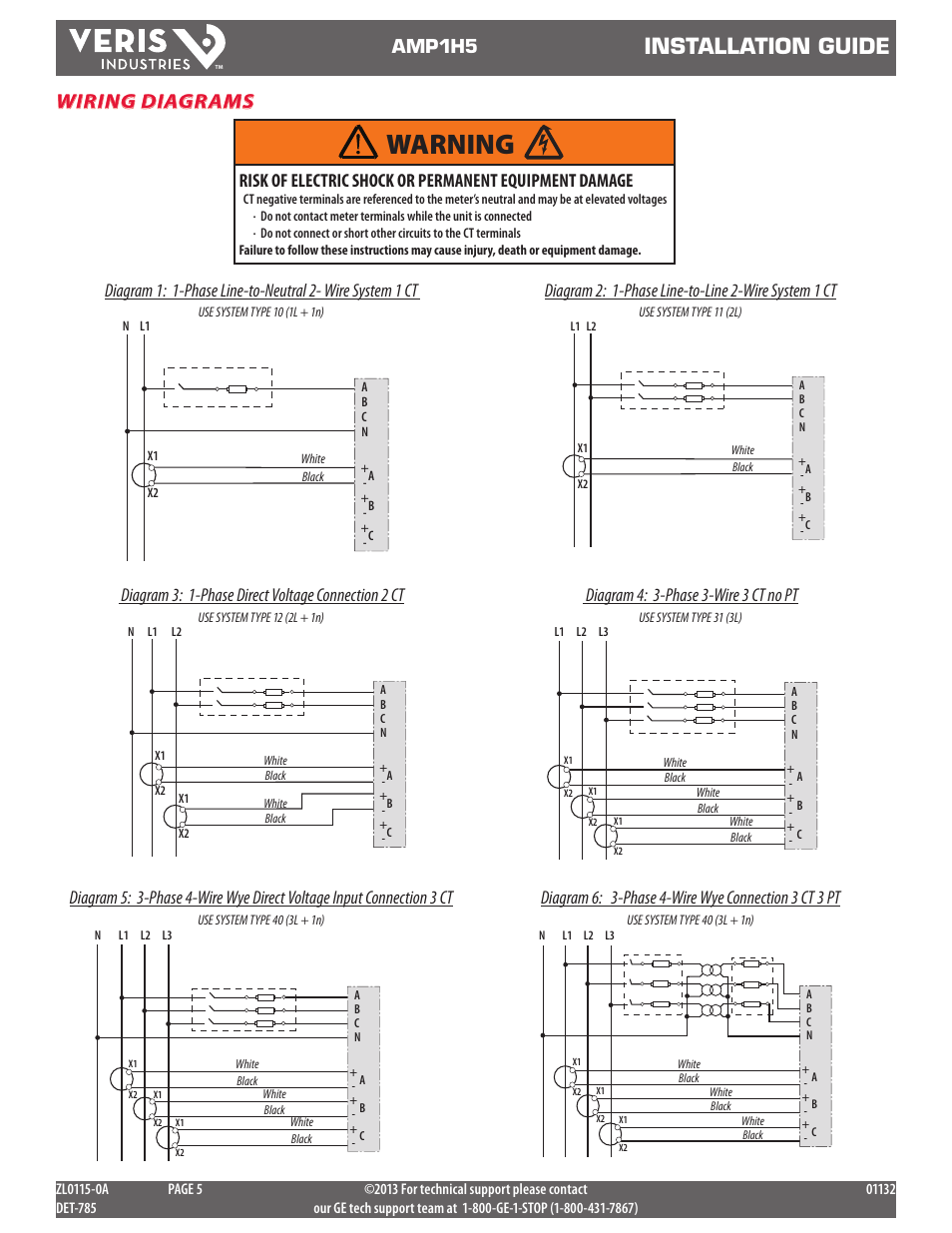 Warning, Installation guide, Wiring diagrams | Amp1h5, Diagram 3: 1-phase direct voltage connection 2 ct | GE Industrial Solutions AMP1H5 User Manual | Page 5 / 24