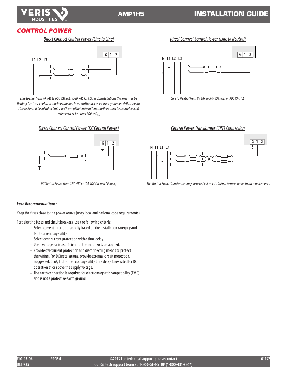 Installation guide, Control power | GE Industrial Solutions AMP1H5 User Manual | Page 6 / 24