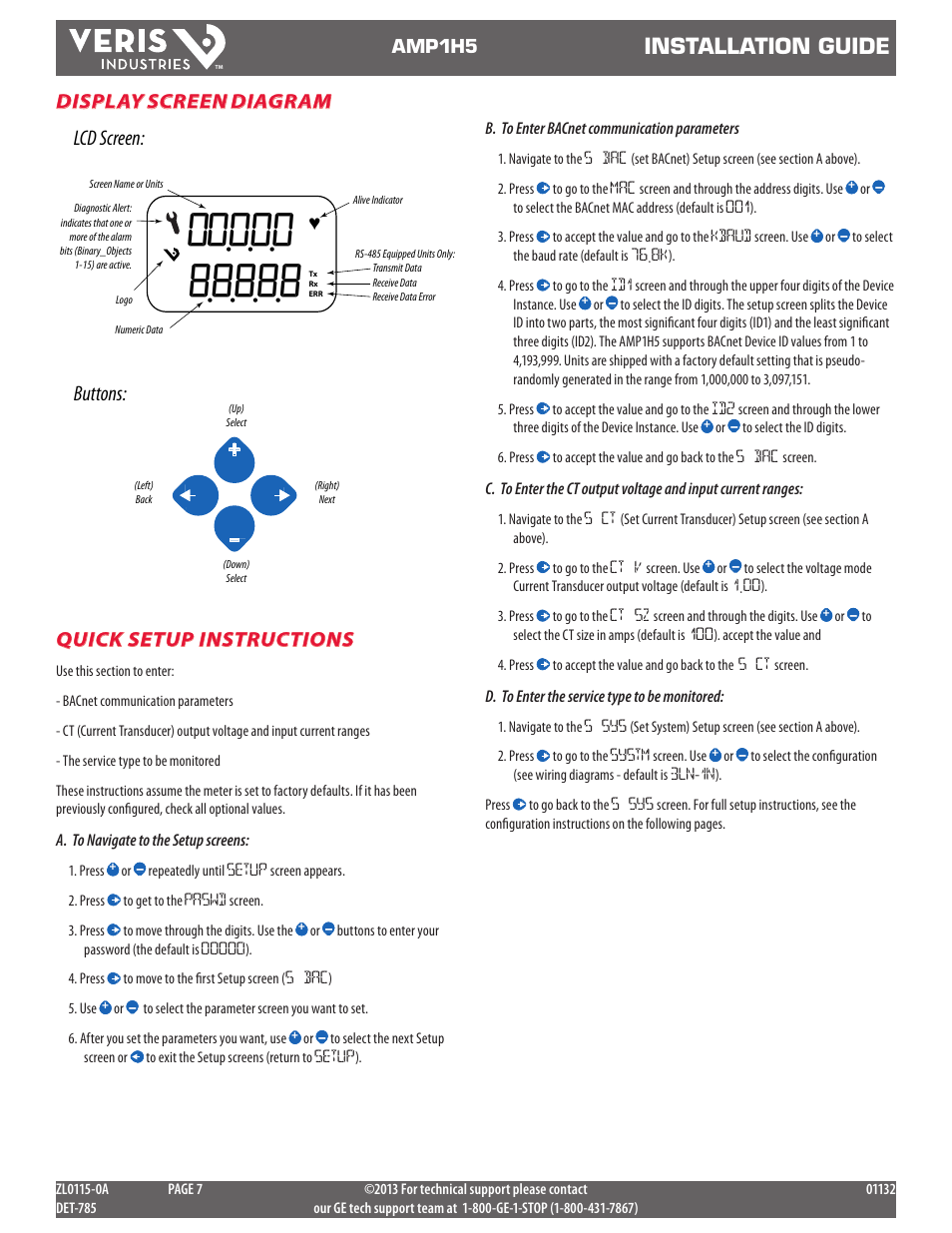 Installation guide, Lcd screen: buttons, Quick setup instructions | Display screen diagram, Amp1h5 | GE Industrial Solutions AMP1H5 User Manual | Page 7 / 24