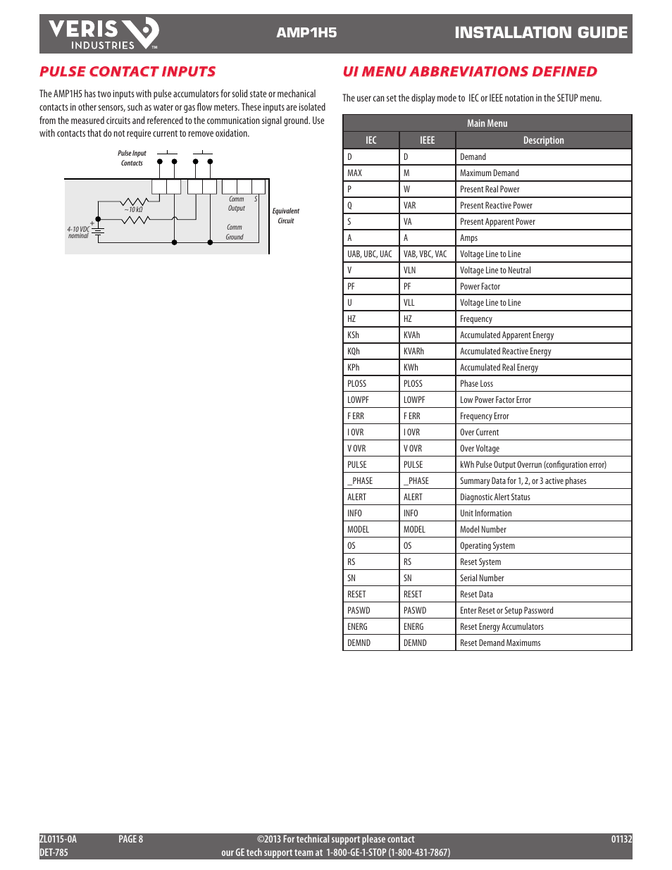 Installation guide, Ui menu abbreviations defined, Pulse contact inputs | Amp1h5 | GE Industrial Solutions AMP1H5 User Manual | Page 8 / 24