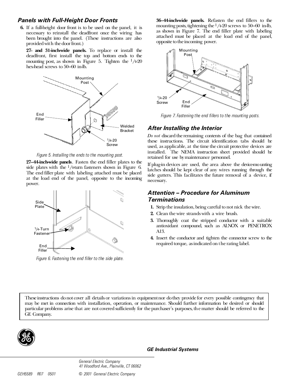Panels with full-height door fronts, After installing the interior, Attention – procedure for aluminum terminations | GE Industrial Solutions Spectra Series Power Panelboards APN and APNB User Manual | Page 2 / 2