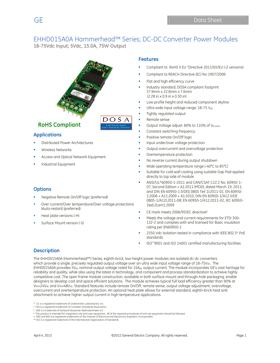 GE Industrial Solutions EHHD015A0A Hammerhead Series User Manual | 20 pages