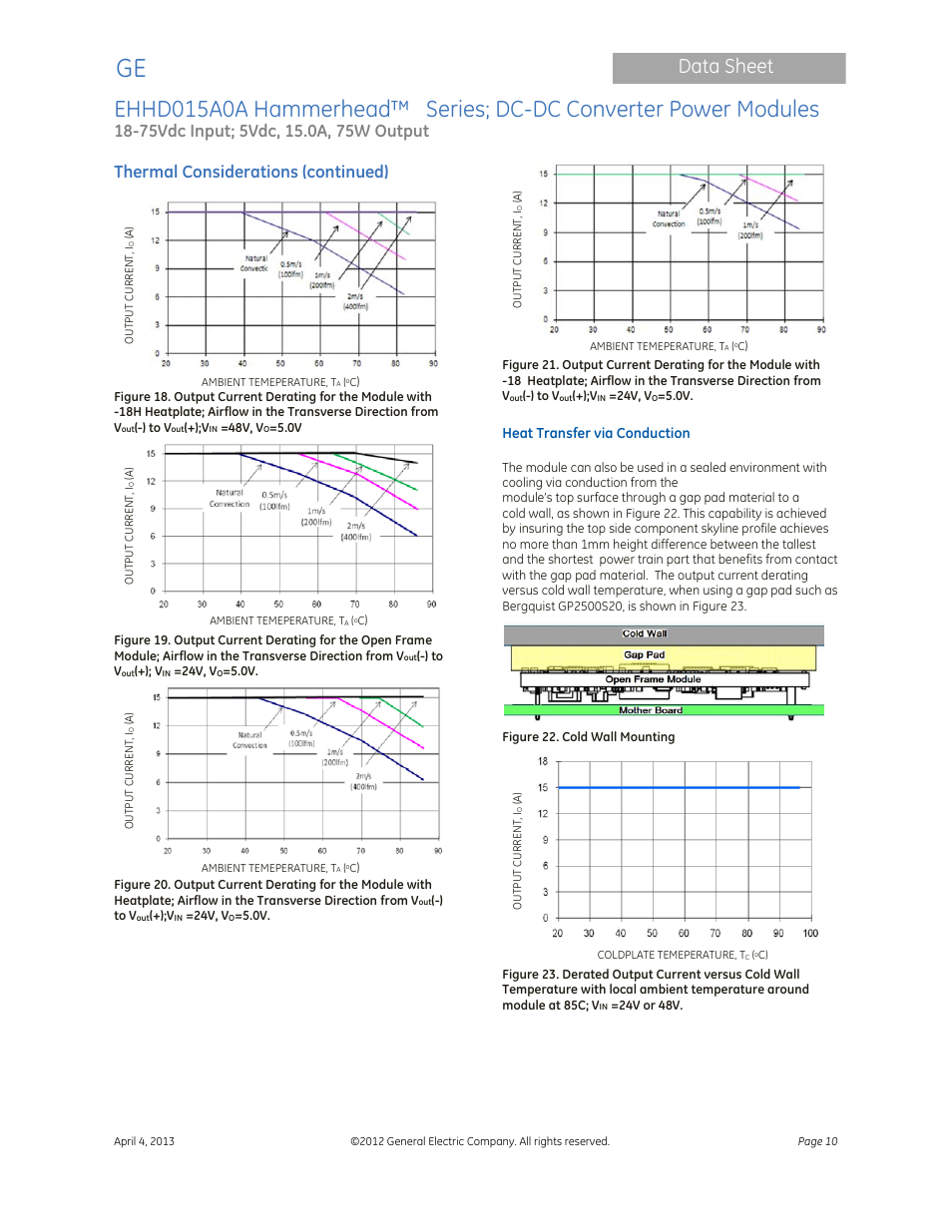 Data sheet, Thermal considerations (continued) | GE Industrial Solutions EHHD015A0A Hammerhead Series User Manual | Page 10 / 20