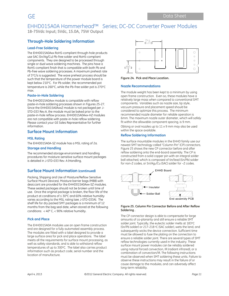 Data sheet | GE Industrial Solutions EHHD015A0A Hammerhead Series User Manual | Page 11 / 20