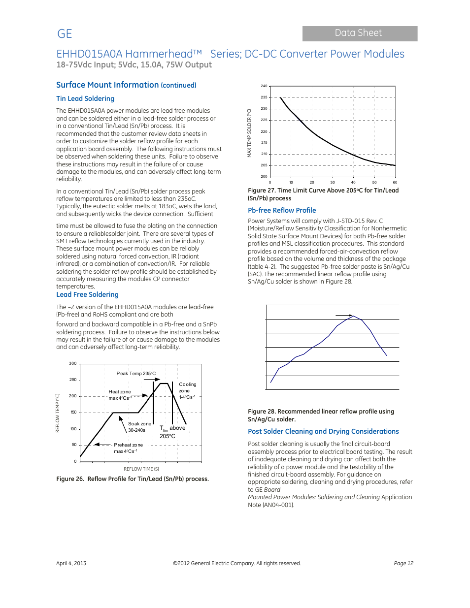 Data sheet, Surface mount information, Continued) tin lead soldering | Lead free soldering, Pb-free reflow profile, Post solder cleaning and drying considerations | GE Industrial Solutions EHHD015A0A Hammerhead Series User Manual | Page 12 / 20