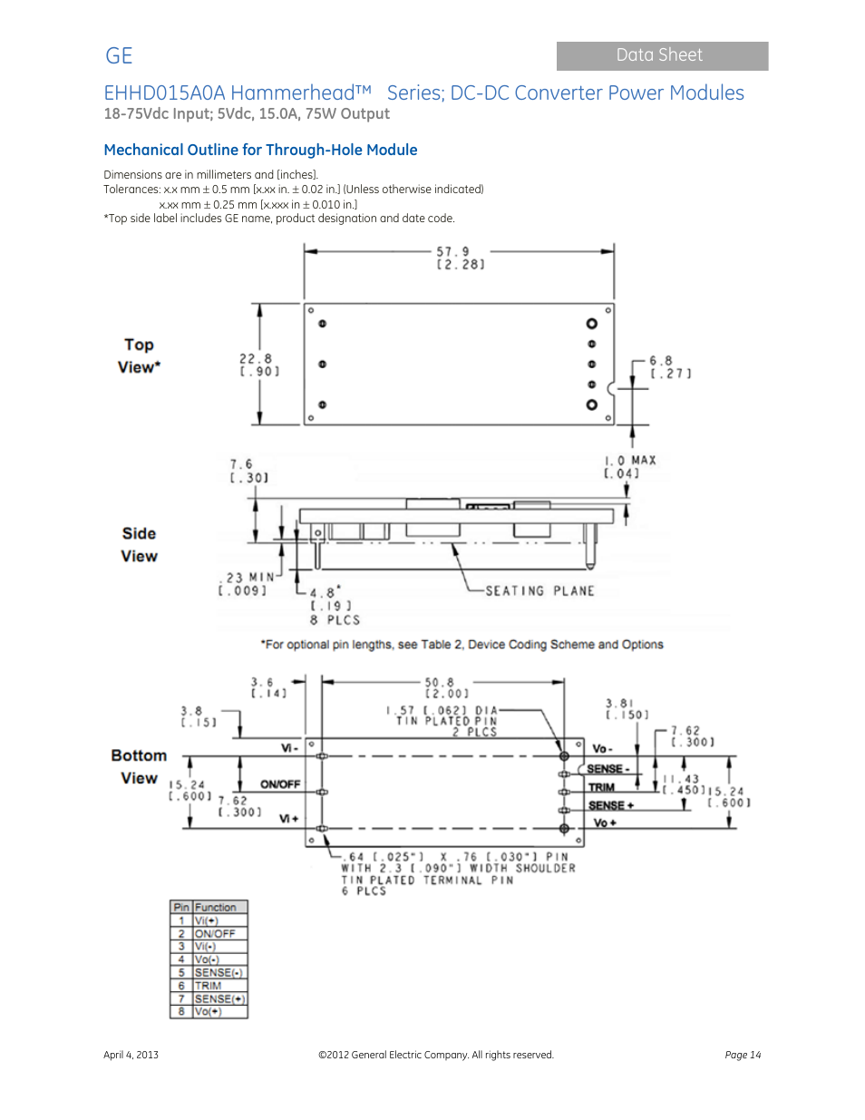GE Industrial Solutions EHHD015A0A Hammerhead Series User Manual | Page 14 / 20