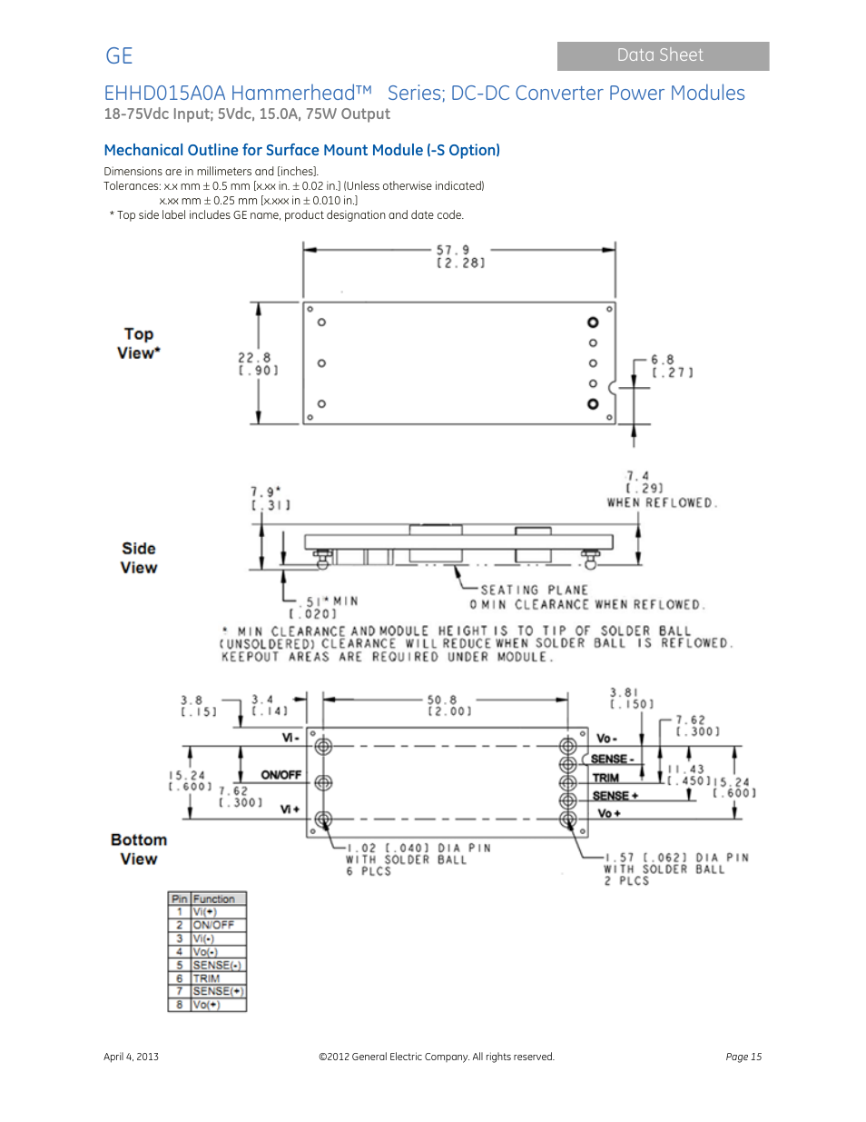 GE Industrial Solutions EHHD015A0A Hammerhead Series User Manual | Page 15 / 20