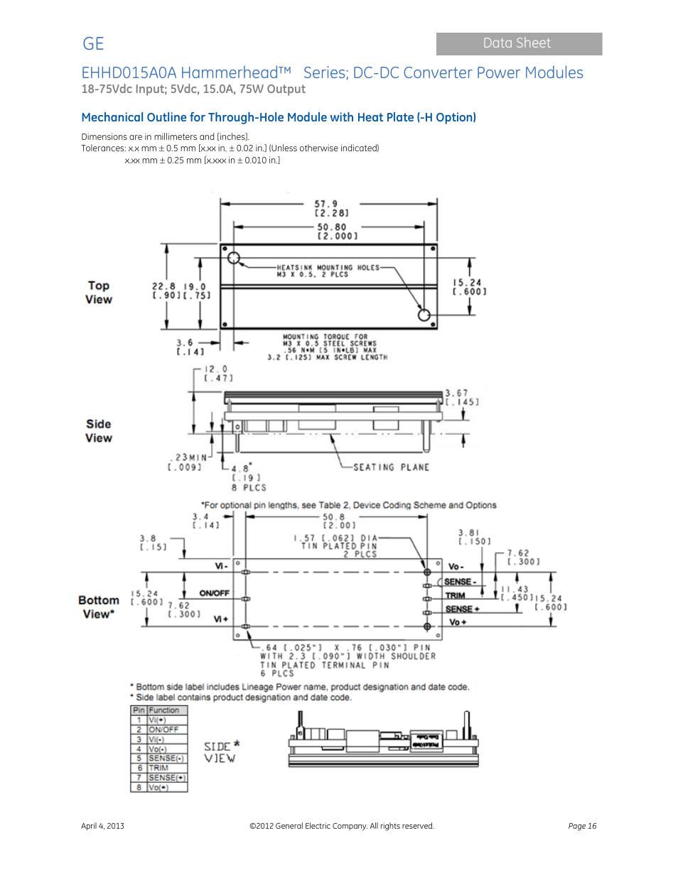 GE Industrial Solutions EHHD015A0A Hammerhead Series User Manual | Page 16 / 20