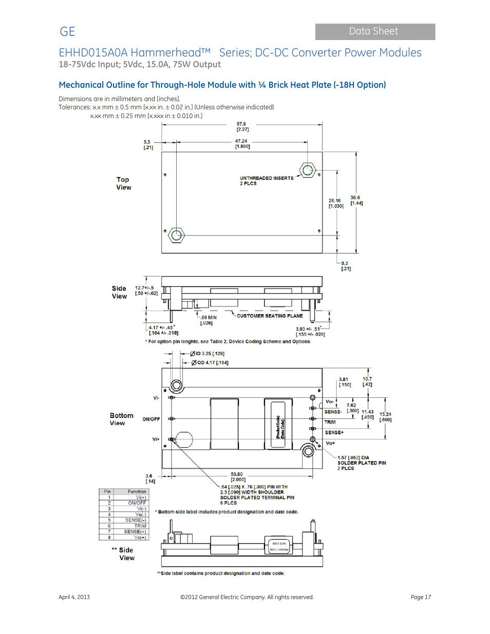 GE Industrial Solutions EHHD015A0A Hammerhead Series User Manual | Page 17 / 20
