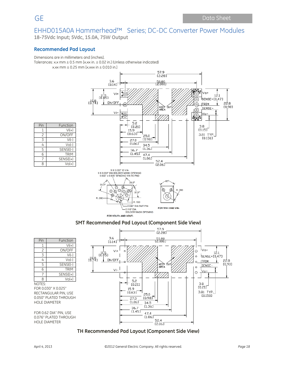 Data sheet | GE Industrial Solutions EHHD015A0A Hammerhead Series User Manual | Page 18 / 20