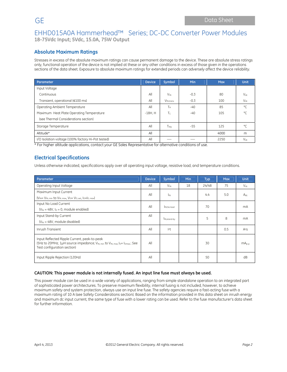 Data sheet, Absolute maximum ratings, Electrical specifications | GE Industrial Solutions EHHD015A0A Hammerhead Series User Manual | Page 2 / 20