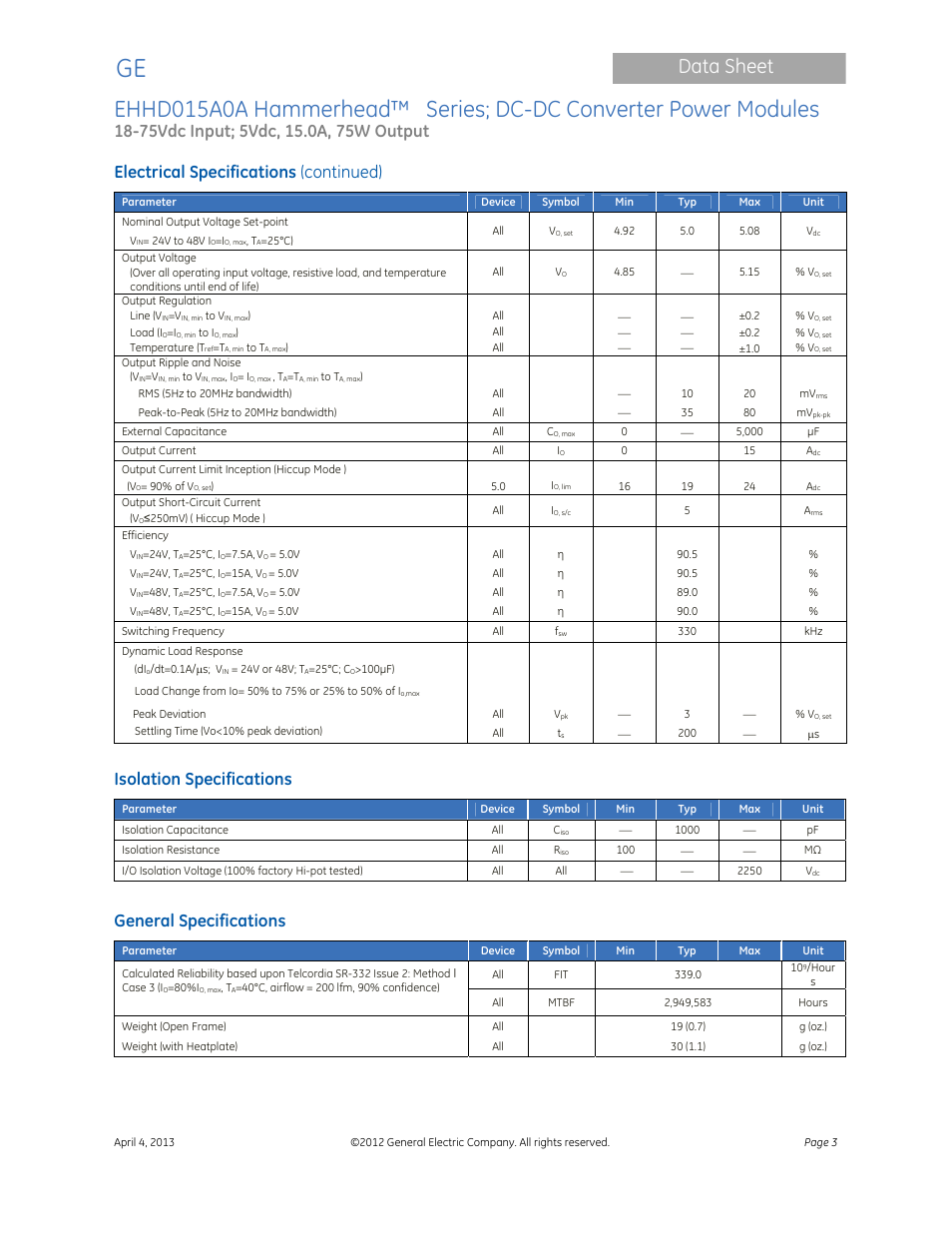 Data sheet, Electrical specifications (continued), Isolation specifications | General specifications | GE Industrial Solutions EHHD015A0A Hammerhead Series User Manual | Page 3 / 20