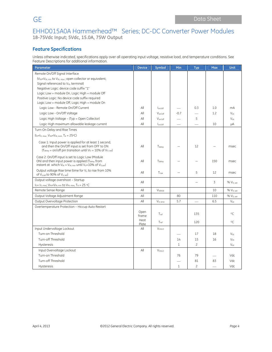 Data sheet, Feature specifications | GE Industrial Solutions EHHD015A0A Hammerhead Series User Manual | Page 4 / 20
