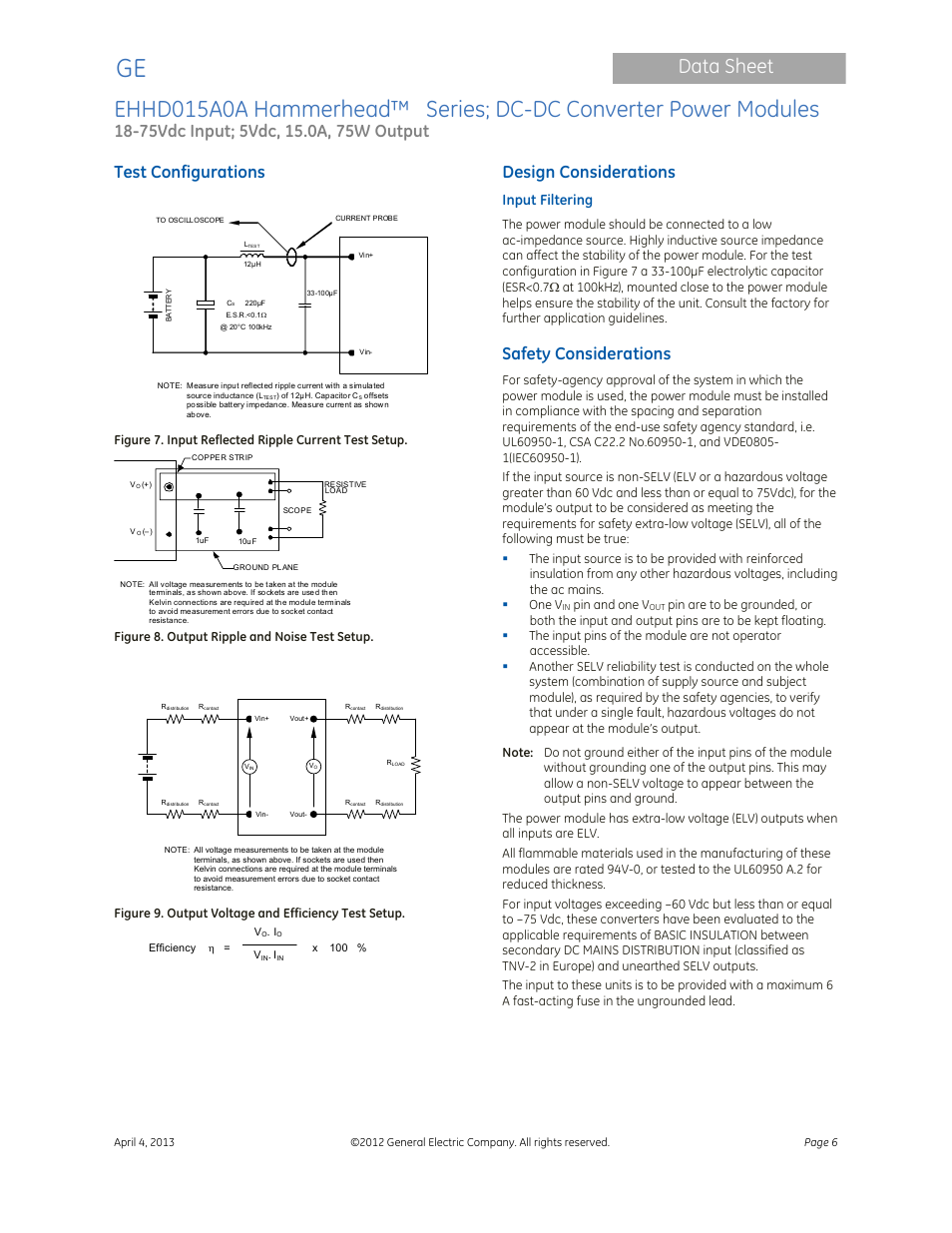 Data sheet, Test configurations, Design considerations | Safety considerations, Input filtering | GE Industrial Solutions EHHD015A0A Hammerhead Series User Manual | Page 6 / 20