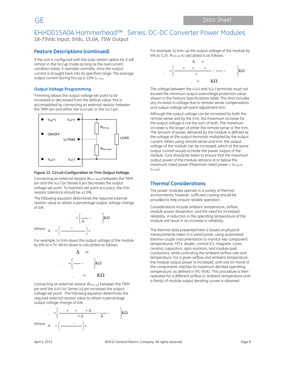 Data sheet, Feature descriptions (continued), Thermal considerations | GE Industrial Solutions EHHD015A0A Hammerhead Series User Manual | Page 8 / 20