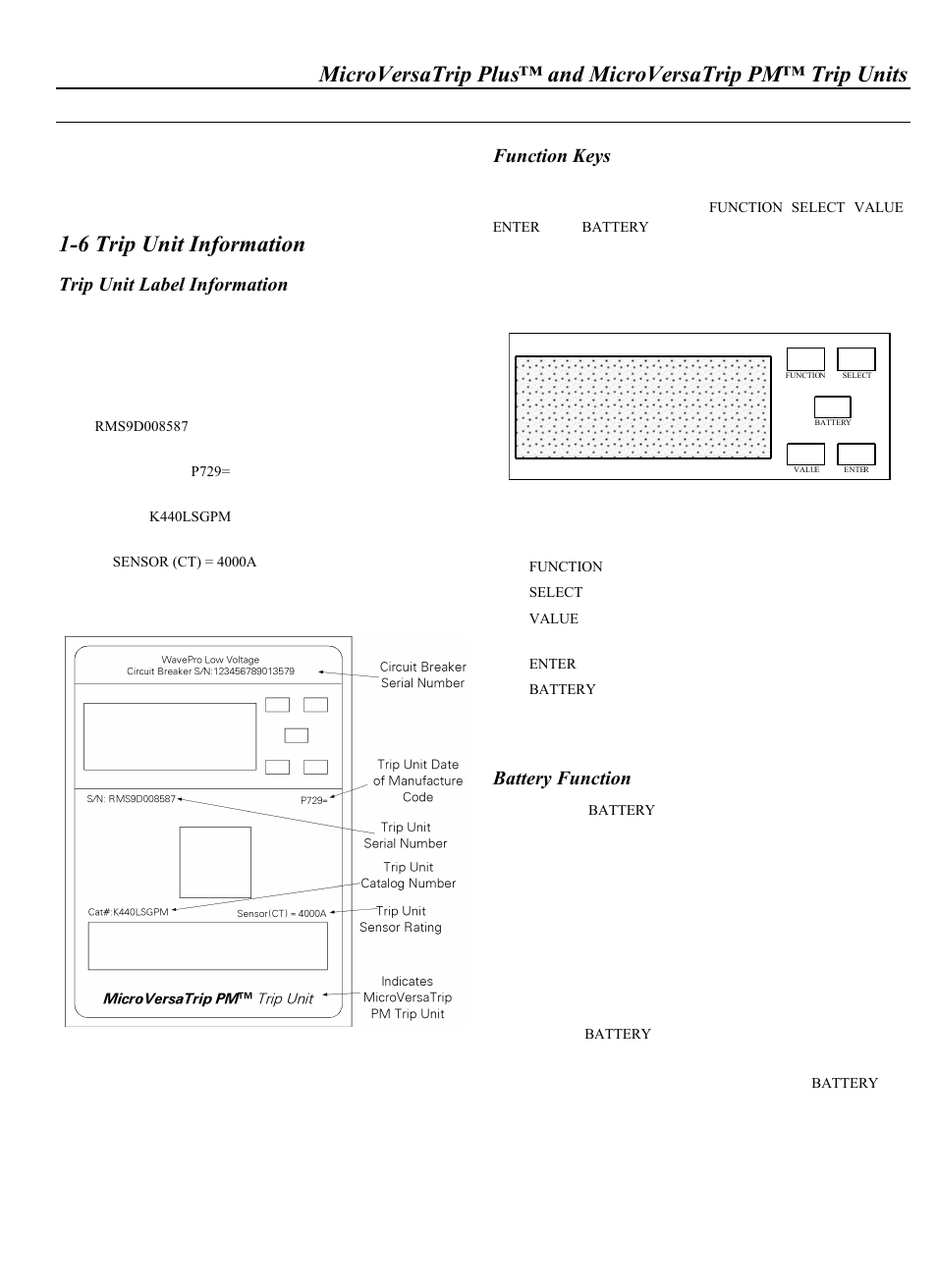 6 trip unit information, Trip unit label information, Function keys | Battery function | GE Industrial Solutions WavePro Low-Voltage Power Circuit Breakers User Manual | Page 13 / 40