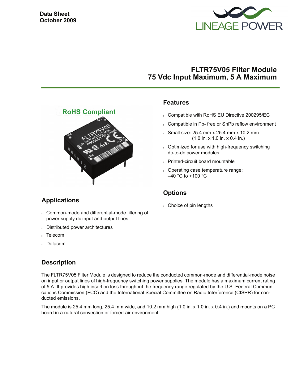 GE Industrial Solutions FLTR75V05 Filter Module User Manual | 13 pages