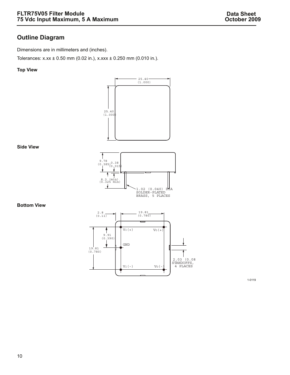 Outline diagram | GE Industrial Solutions FLTR75V05 Filter Module User Manual | Page 10 / 13