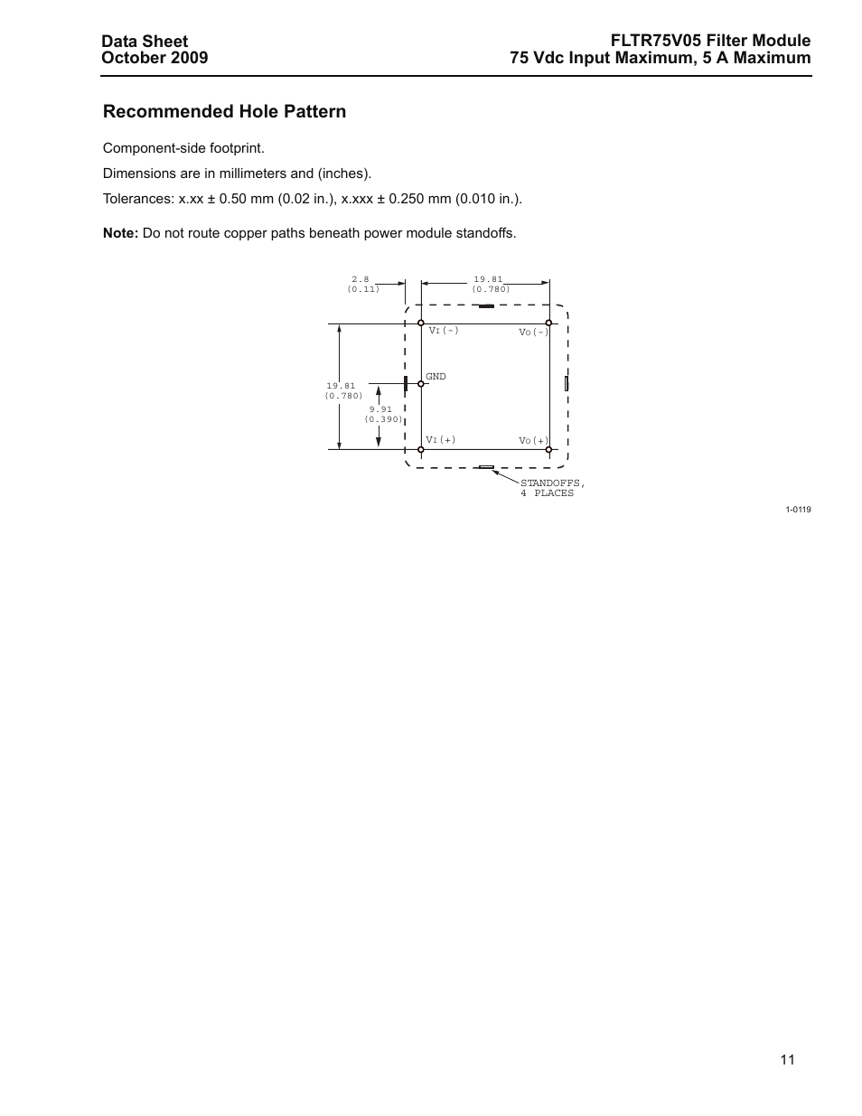 Recommended hole pattern | GE Industrial Solutions FLTR75V05 Filter Module User Manual | Page 11 / 13