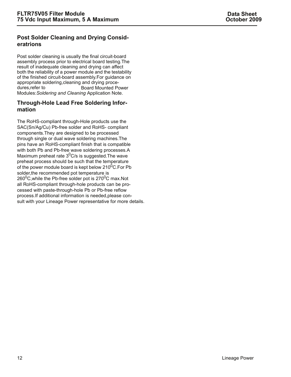 Post solder cleaning and drying consideratrions, Through-hole lead free soldering information | GE Industrial Solutions FLTR75V05 Filter Module User Manual | Page 12 / 13