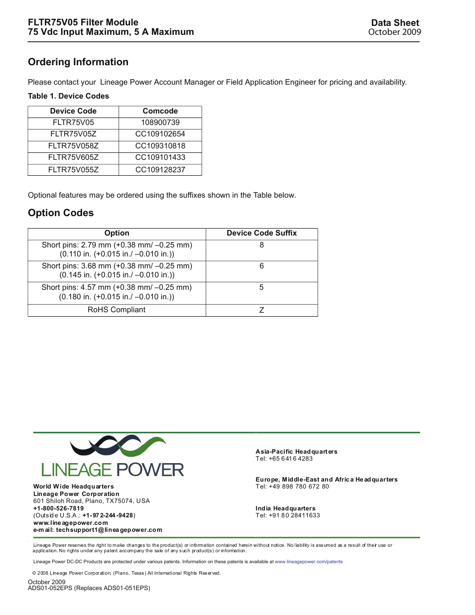 Ordering information, Table 1 . device codes, Option codes | GE Industrial Solutions FLTR75V05 Filter Module User Manual | Page 13 / 13