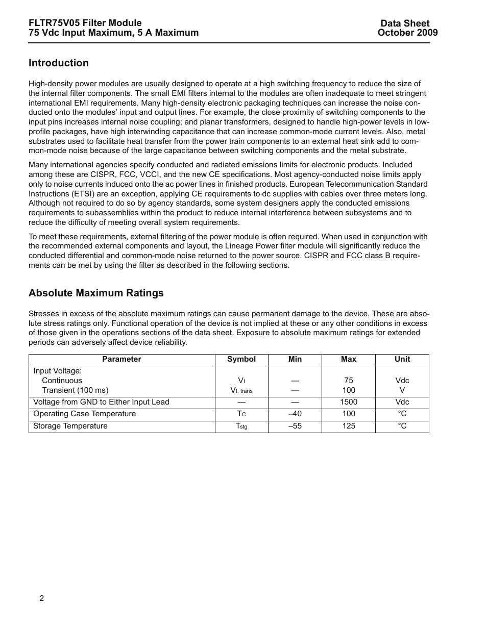 Introduction, Absolute maximum ratings | GE Industrial Solutions FLTR75V05 Filter Module User Manual | Page 2 / 13