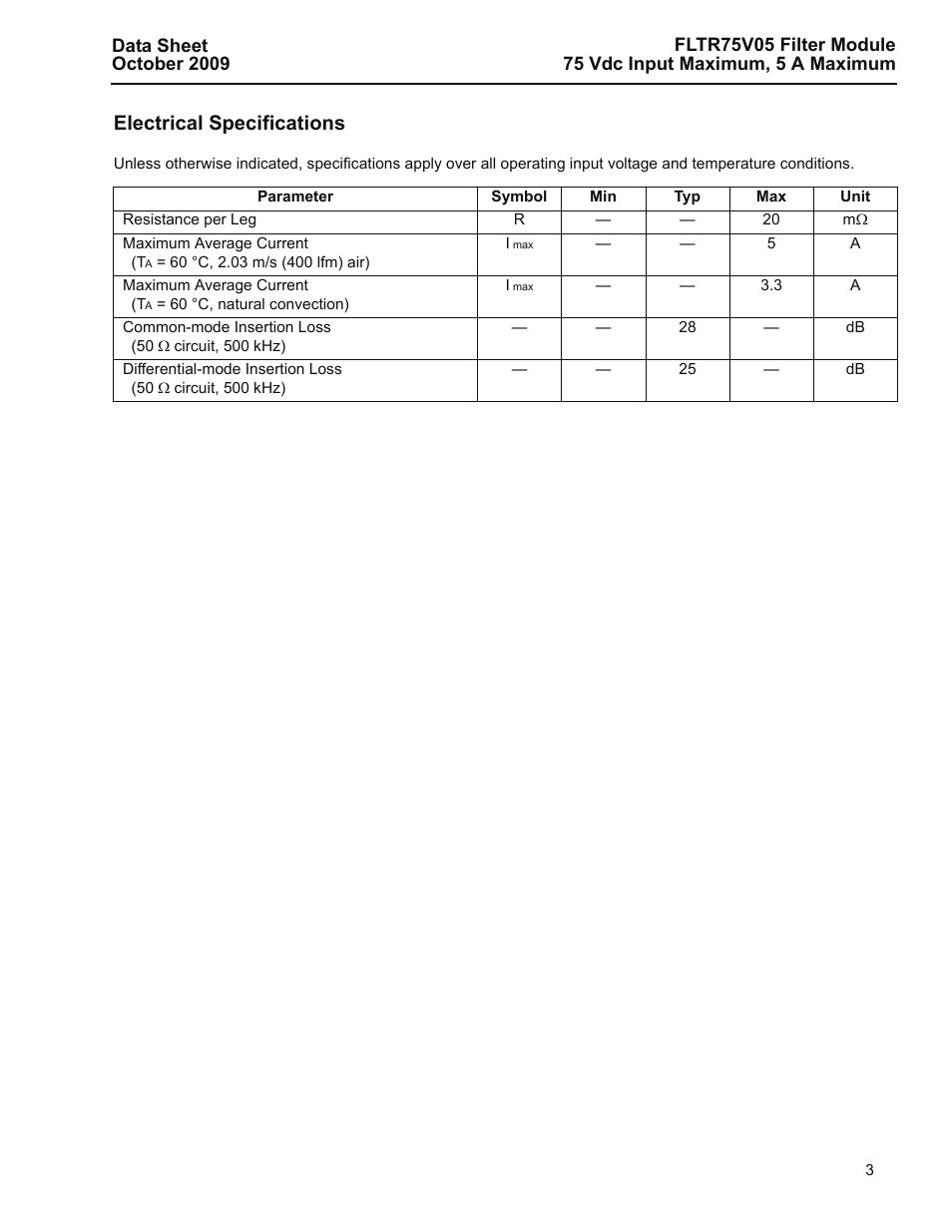 Electrical specifications | GE Industrial Solutions FLTR75V05 Filter Module User Manual | Page 3 / 13