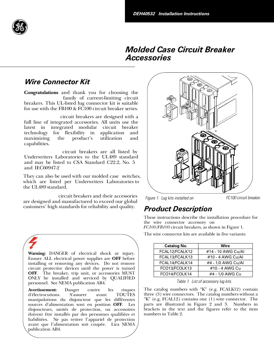 GE Industrial Solutions Record Plus Wire Connector Lug Kits: FC100, FB100 User Manual | 2 pages