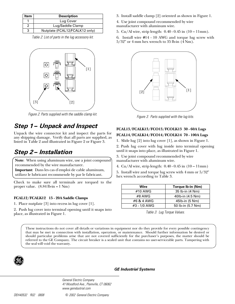 Step 1 – unpack and inspect, Step 2 – installation | GE Industrial Solutions Record Plus Wire Connector Lug Kits: FC100, FB100 User Manual | Page 2 / 2