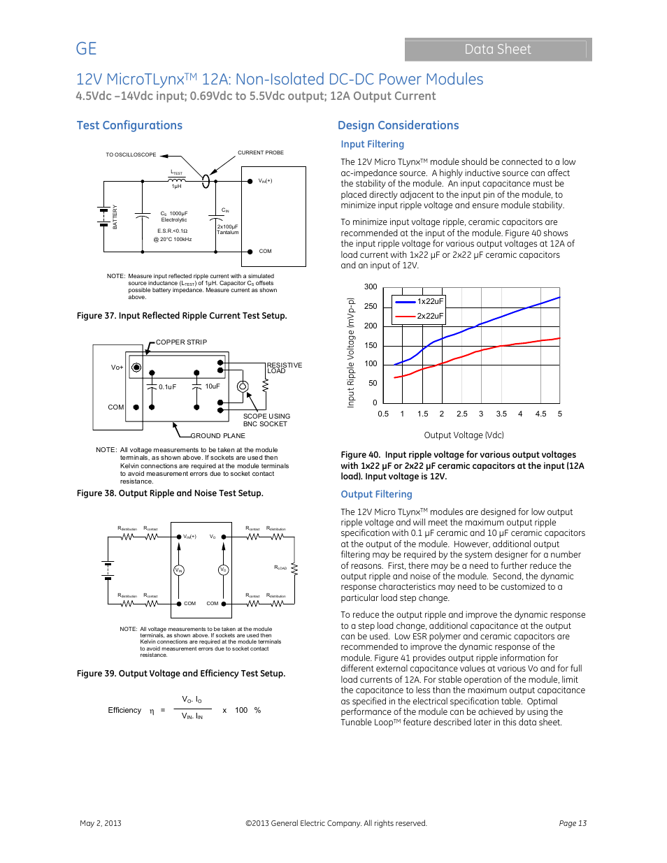 12v microtlynx, 12a: non-isolated dc-dc power modules, Data sheet | Test configurations, Design considerations, Input filtering, Output filtering | GE Industrial Solutions 12V MicroTLynx 12A User Manual | Page 13 / 26