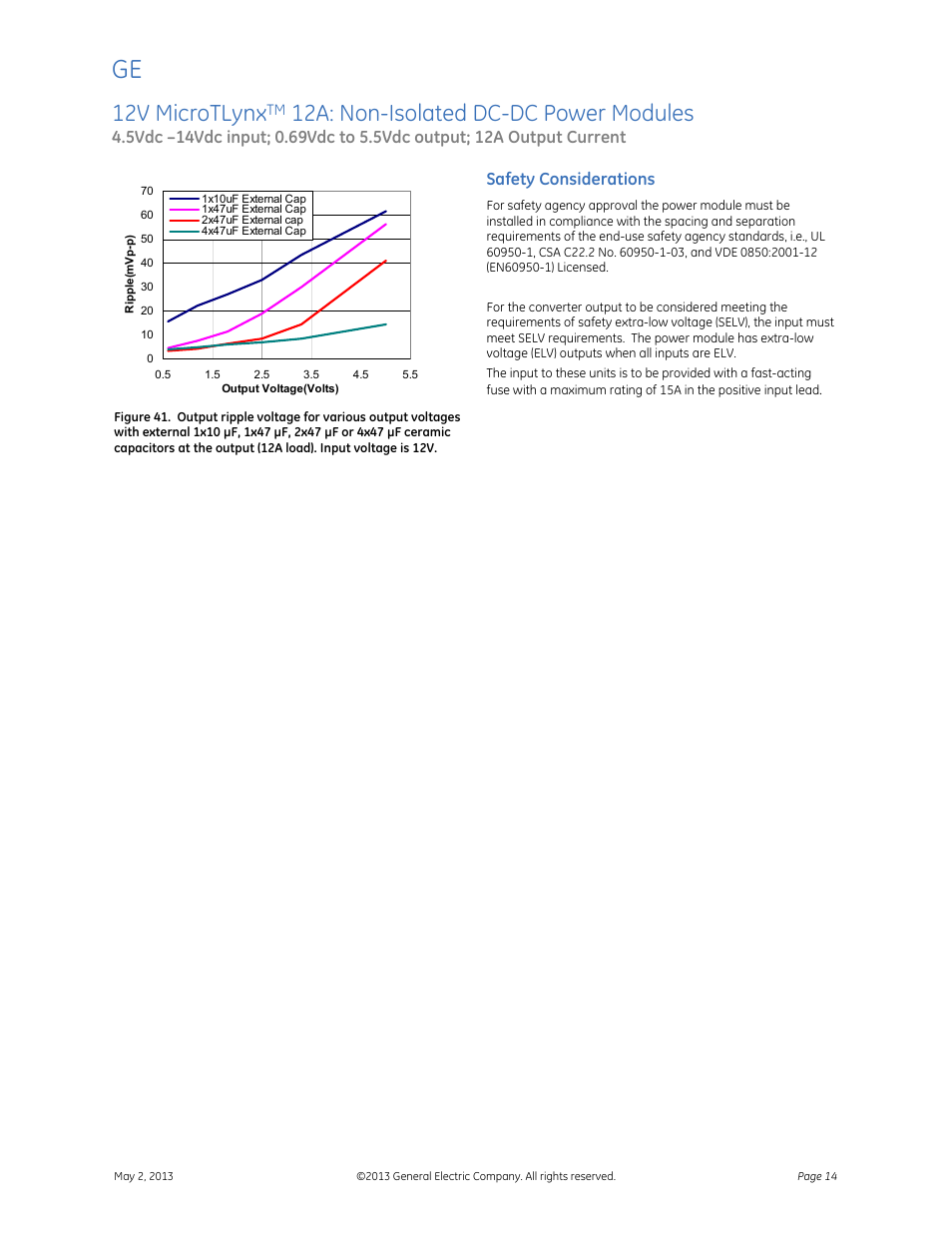 12v microtlynx, 12a: non-isolated dc-dc power modules, Data sheet | Safety considerations | GE Industrial Solutions 12V MicroTLynx 12A User Manual | Page 14 / 26