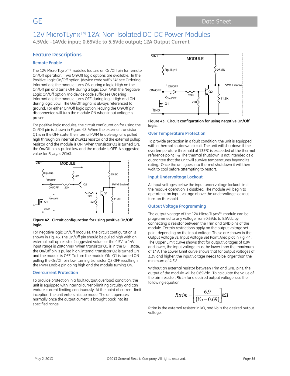 12v microtlynx, 12a: non-isolated dc-dc power modules, Data sheet | Feature descriptions | GE Industrial Solutions 12V MicroTLynx 12A User Manual | Page 15 / 26