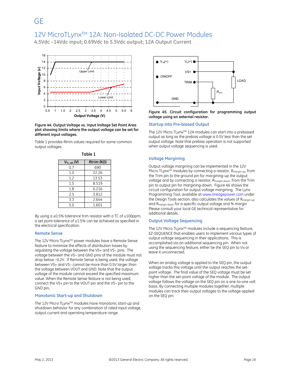 12v microtlynx, 12a: non-isolated dc-dc power modules, Data sheet | GE Industrial Solutions 12V MicroTLynx 12A User Manual | Page 16 / 26