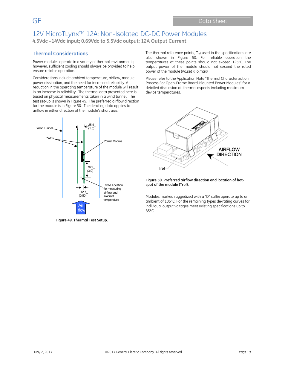 12v microtlynx, 12a: non-isolated dc-dc power modules, Data sheet | Thermal considerations | GE Industrial Solutions 12V MicroTLynx 12A User Manual | Page 19 / 26