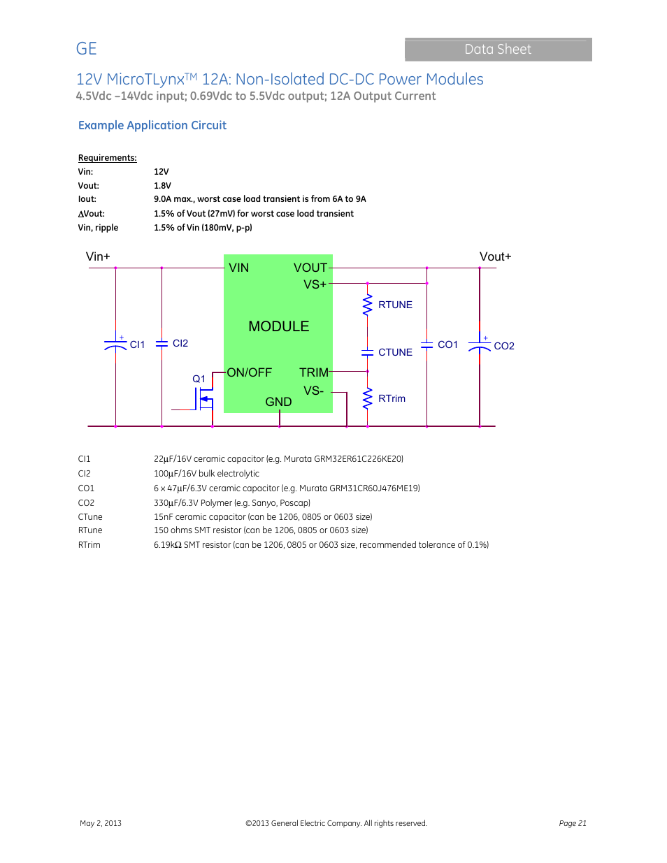 Module, 12v microtlynx, 12a: non-isolated dc-dc power modules | Data sheet | GE Industrial Solutions 12V MicroTLynx 12A User Manual | Page 21 / 26
