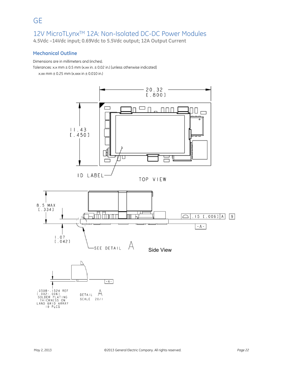 12v microtlynx, 12a: non-isolated dc-dc power modules, Data sheet | GE Industrial Solutions 12V MicroTLynx 12A User Manual | Page 22 / 26